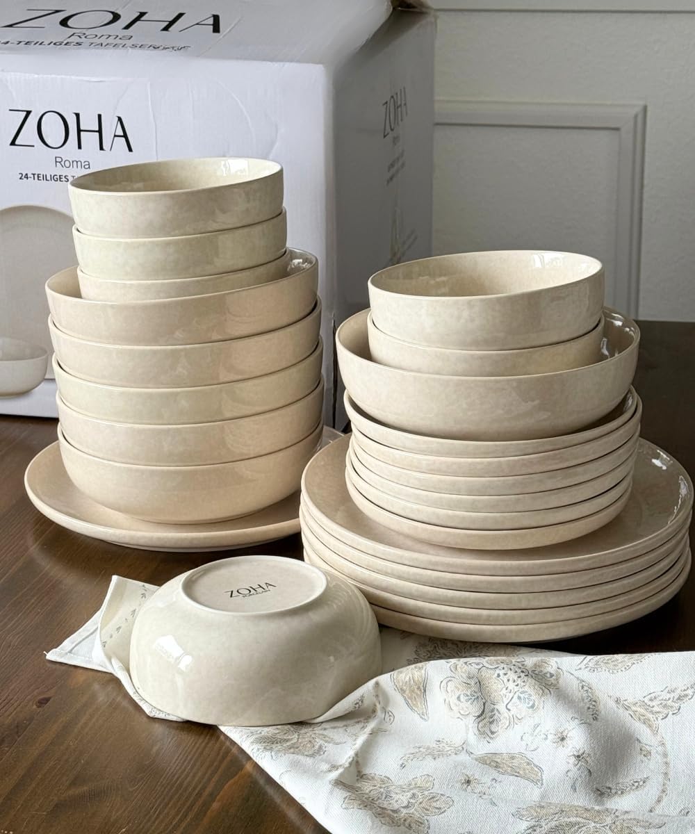 Zoha Roma Geschirrset 6 Personen – modernes 24-teiliges Porzellan Tafelservice in Beige – stilvolles Geschirrset 6 Personen – Kombiservice skandinavischer Stil – spülmaschinen- & mikrowellengeeignet