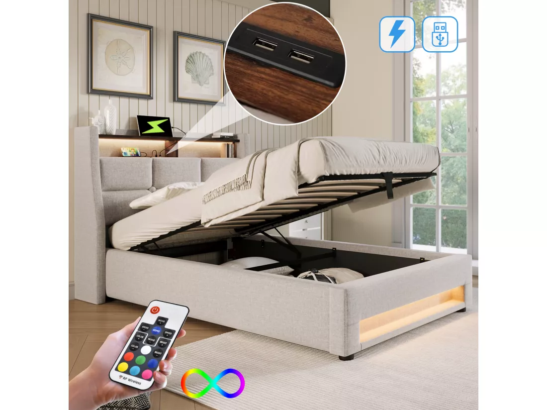Lit coffre en lin 90x200cm avec LED et ports USB - sommier à lattes - beige