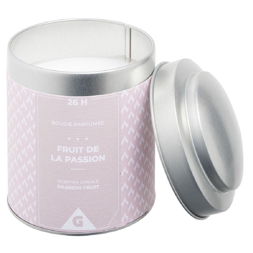 Bougie parfumée pot métal gris et rose senteur fruit de la passion 26H