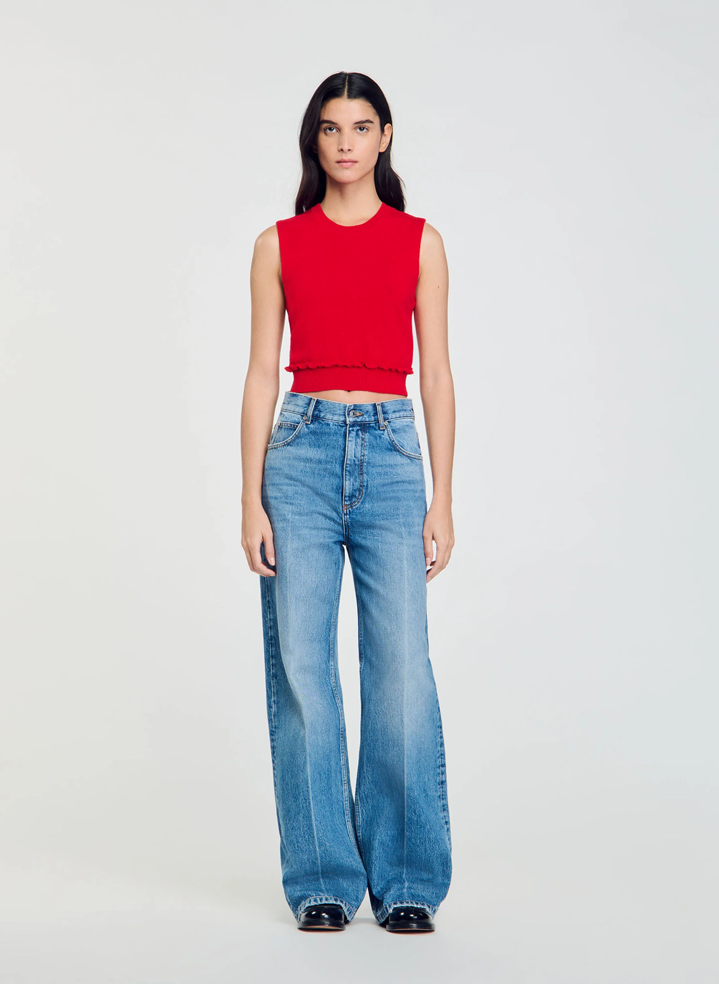 Pull court sans manches en laine et cachemire| Rouge