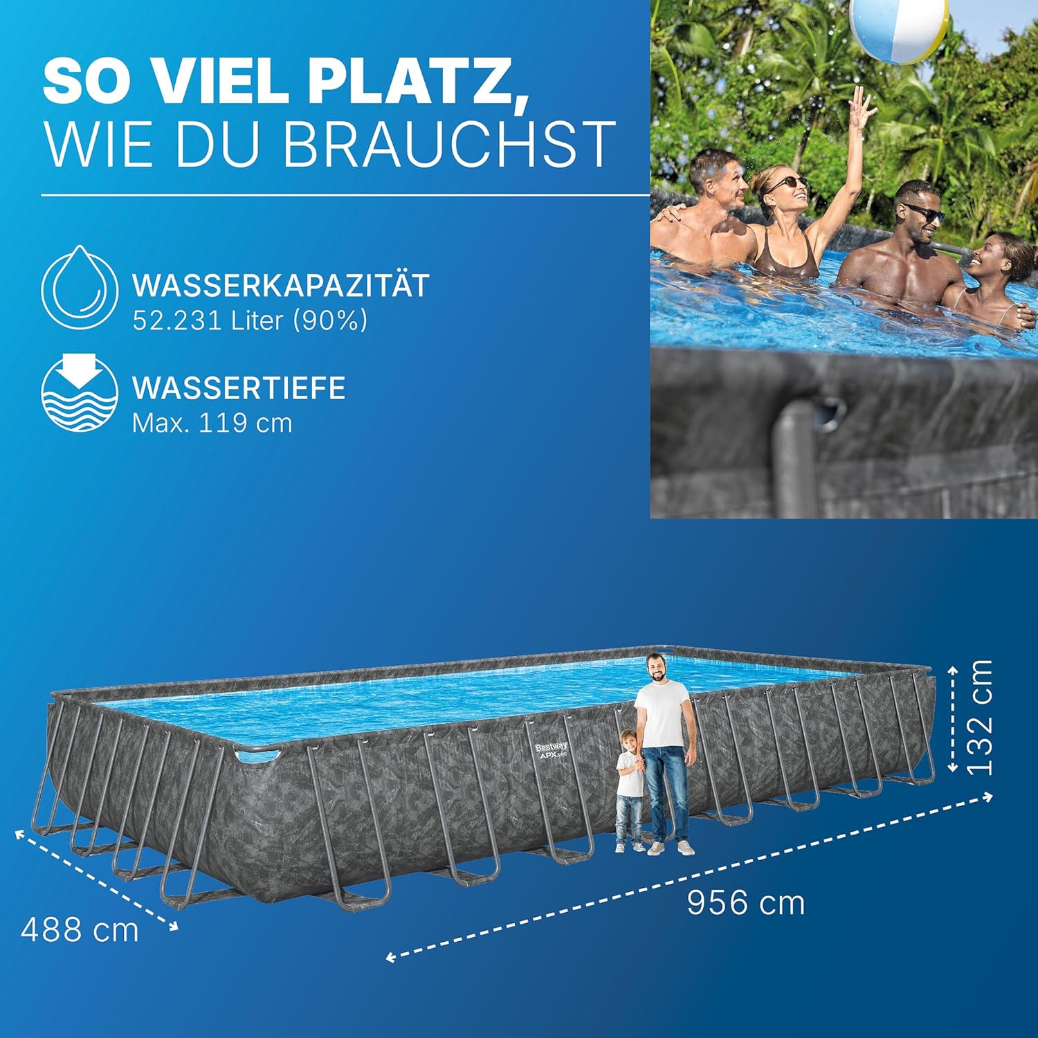 Bestway APX365 Winterfestes Frame Pool Komplett-Set, 956 x 488 x 132 cm, 52.231 L, Sandfilteranlage, Polar-Shield Ganzjahresschutz, ClickConnect System, Marmor-Optik, Sicherheitsleiter, Abdeckplane