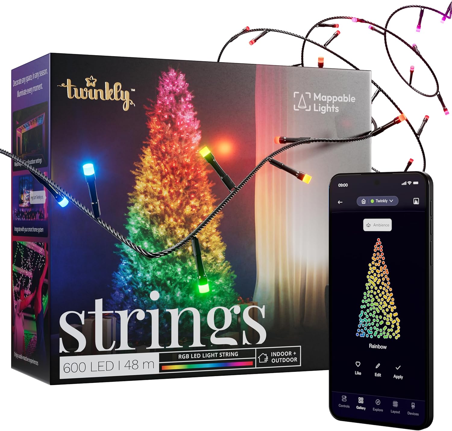 Twinkly Strings 600 LED RGB, LED-Lichterkette für Draußen und Drinnen, Smarte LED-Lichter, Kompatibel mit Alexa und  Home, IP44, App-Steuerung, Schwarzes Kabel, 48m