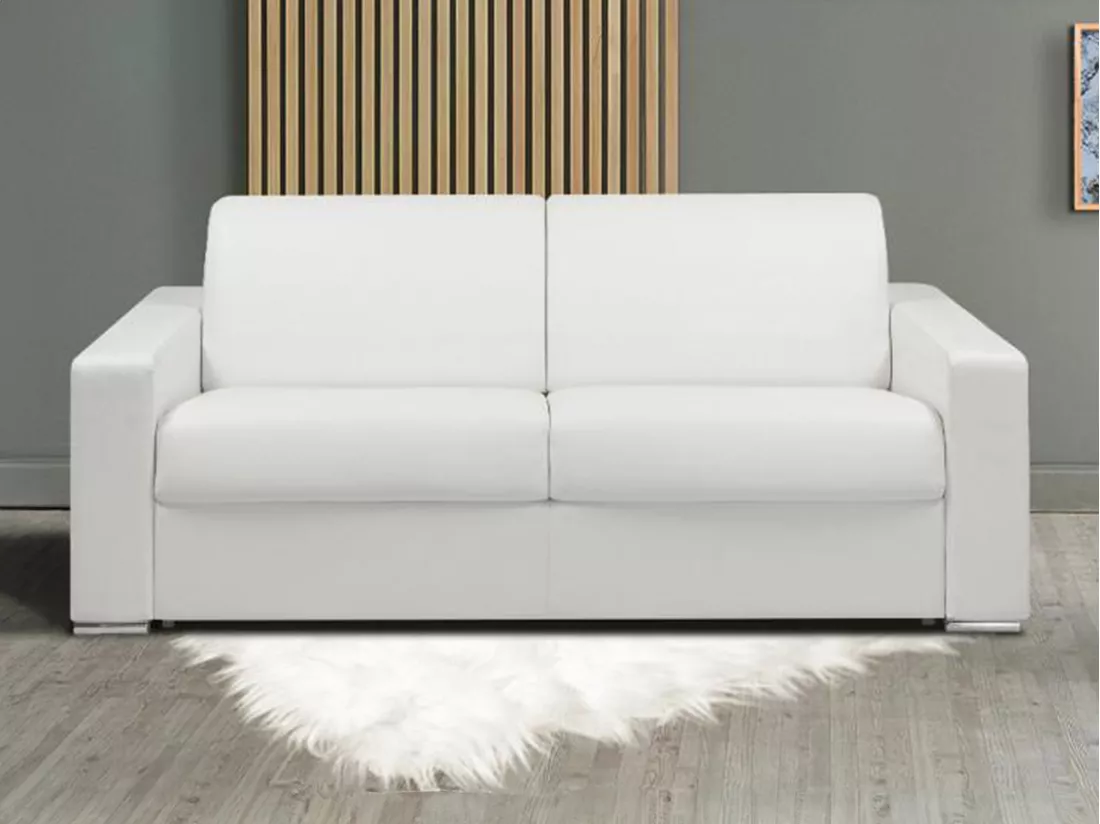 Canapé 3 places convertible express en simili blanc - Couchage lattes larges 140 cm - Matelas 14 cm CALITO