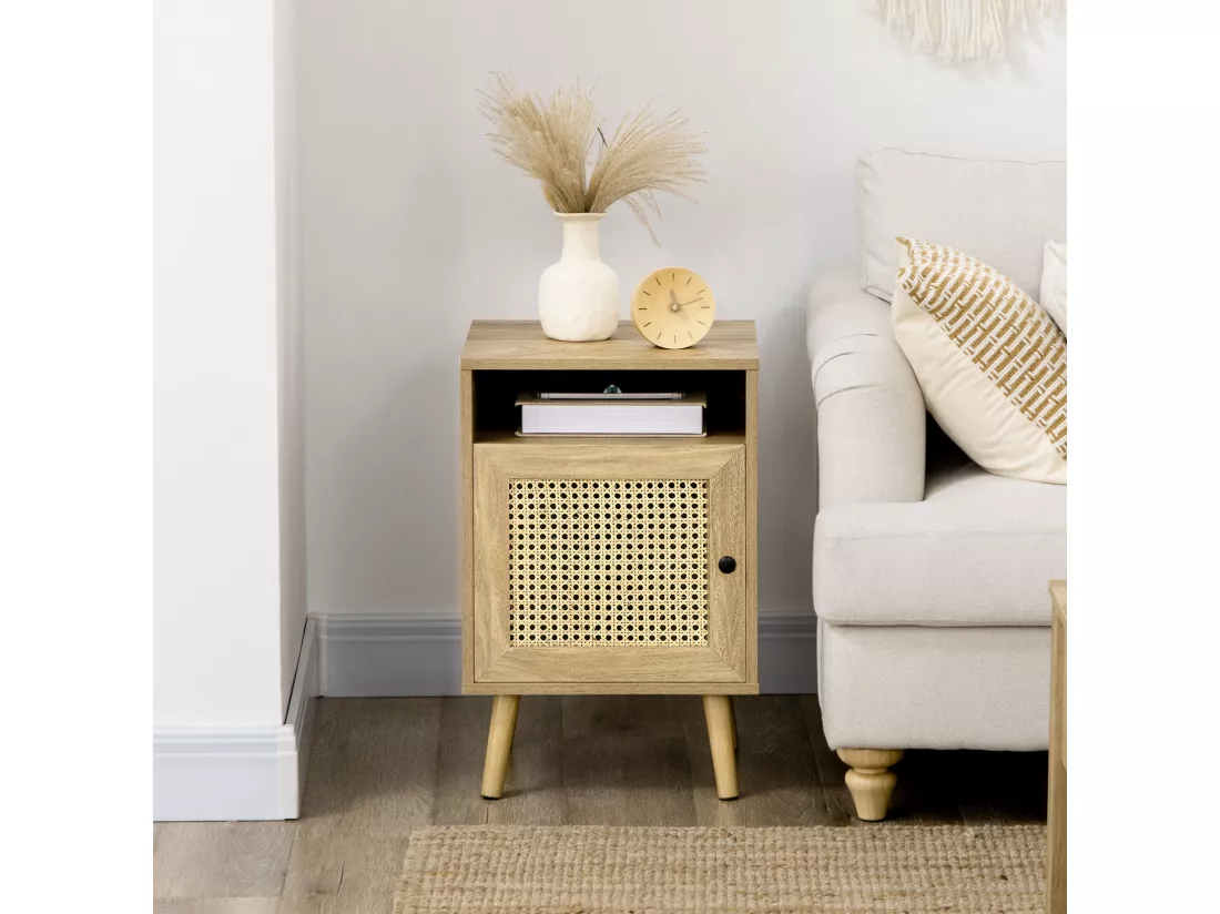 Chevets style bohème - lot de 2 tables de nuit design - placard, niche - aspect bois manguier rotin