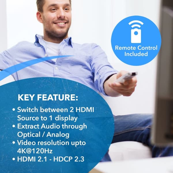 NÖRDIC 8K HDMI 2.1 Switch og Extractor 2 til 1 8K60Hz 4K120Hz CEC HDR Dolby Atmos, True HD, Digital Plus, DTS-HD Master