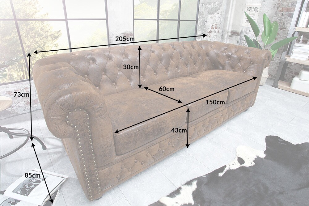 riess-ambiente 3er Sofa CHESTERFIELD - 205cm antik braun mit Knopfheftung und Federkern