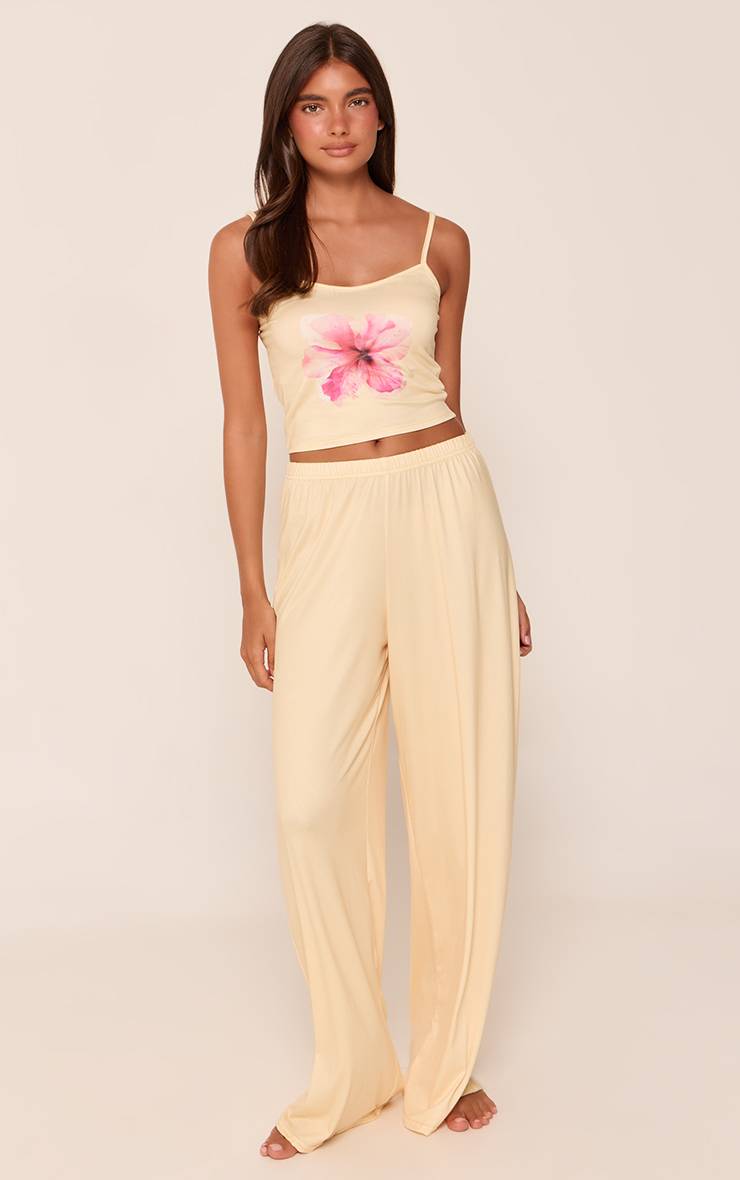 Jaune Ensemble Pyjama Caraco Et Pantalon Large À Pois Et Rayures