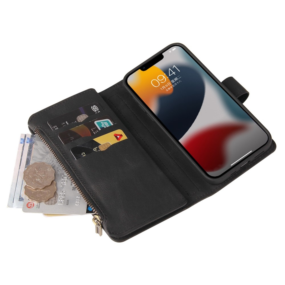 iPhone 14 Leder Wallet Etui Tasche mit 13 Kartenfächern   Münzfach - Schwarz