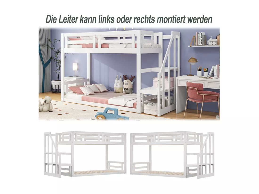 Lit superposé 90x200cm - lit d'enfant avec escalier de sécurité, cadre de lit en bois massif et sommier à lattes - blanc