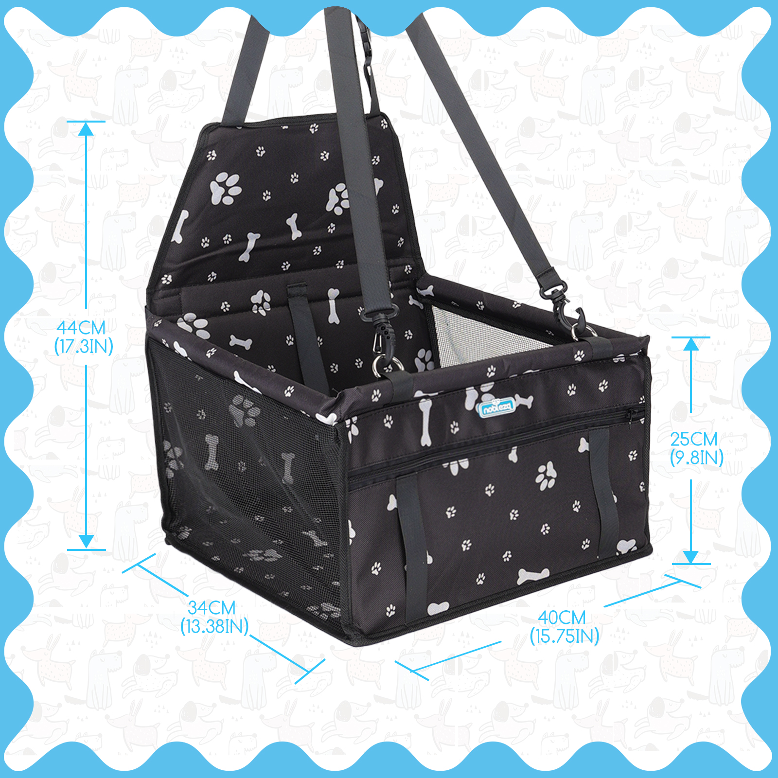 Nobleza - Reforço para Assento de Carro para Cães, Assento de Segurança para Animais de Estimação para Cães e Gatos, Bolsa de Viagem Dobrável e Lavável para Outros Animais de Pequeno Porte com Bolso com Zíper, 40 * 34 * 25 cm, Preto