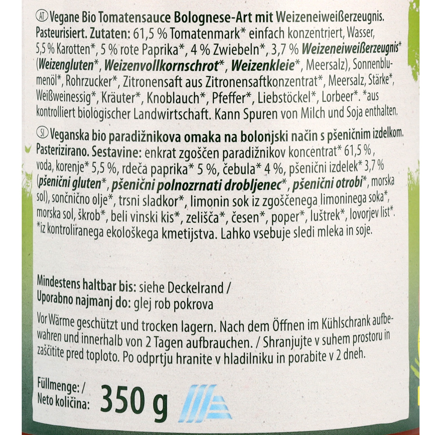 BIO NATURA Veganes BIO-Sugo, Weizenbolognese 350 g