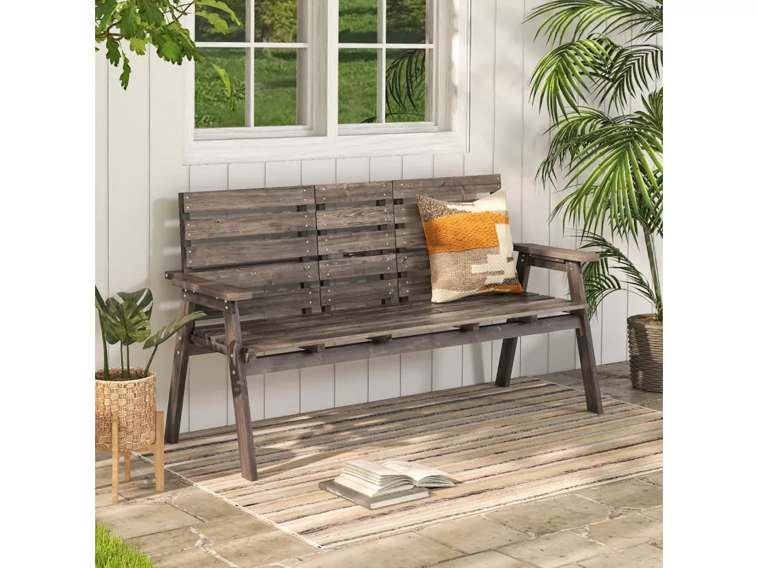 Banc de Jardin en Bois Massif, Banc d'Extérieur à 2 Places avec Table Centrale Pliable, Siège à Lattes pour Parc, Porche, Cour, Charge 320 KG, 160 x 64 x 86 CM (L x l x H), Brun