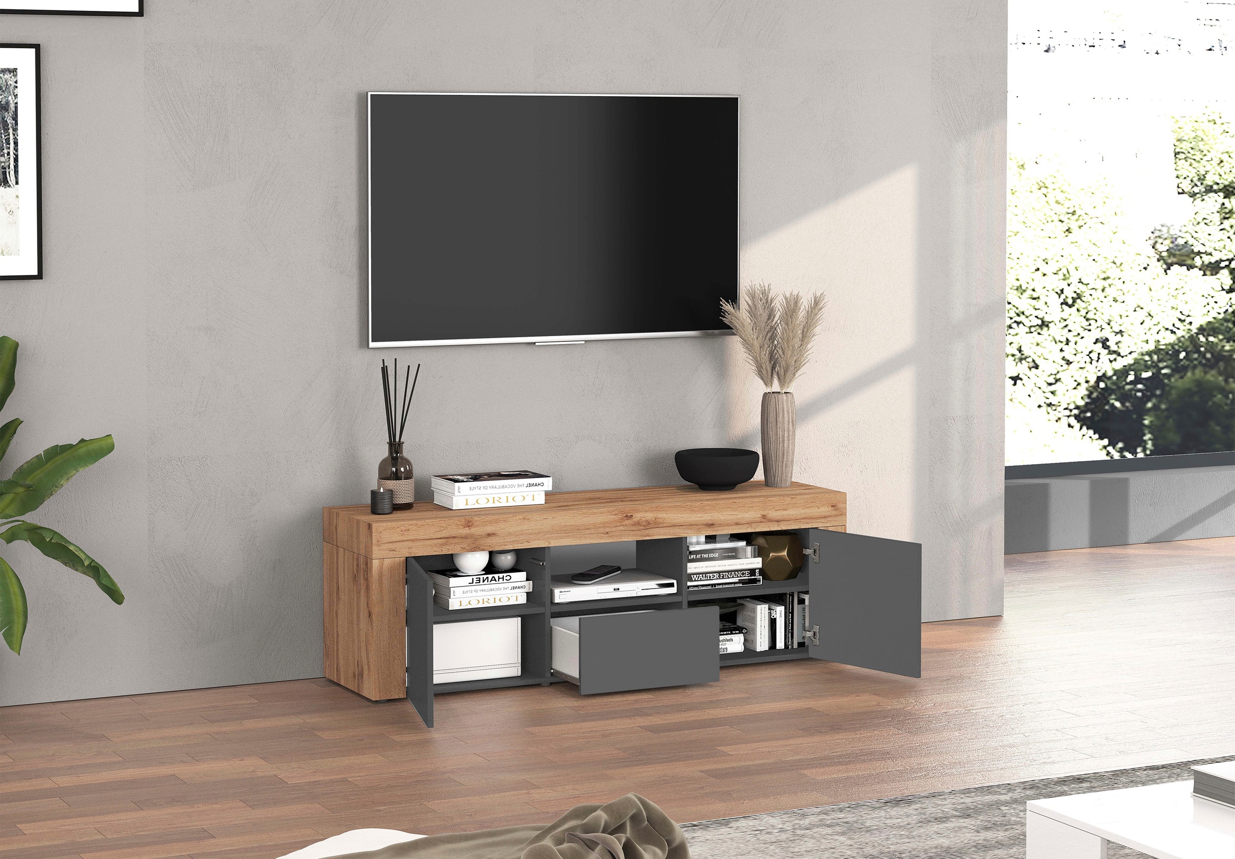 INOSIGN Lowboard »CHRONOS Breite 155 cm mit 2 Türen, 1 Schublade,1 offenes Fach« 1 Stk. tlg. TV-Board, Sideboard niedrig, Grifflos mit Push to Open 'Made in Italy'