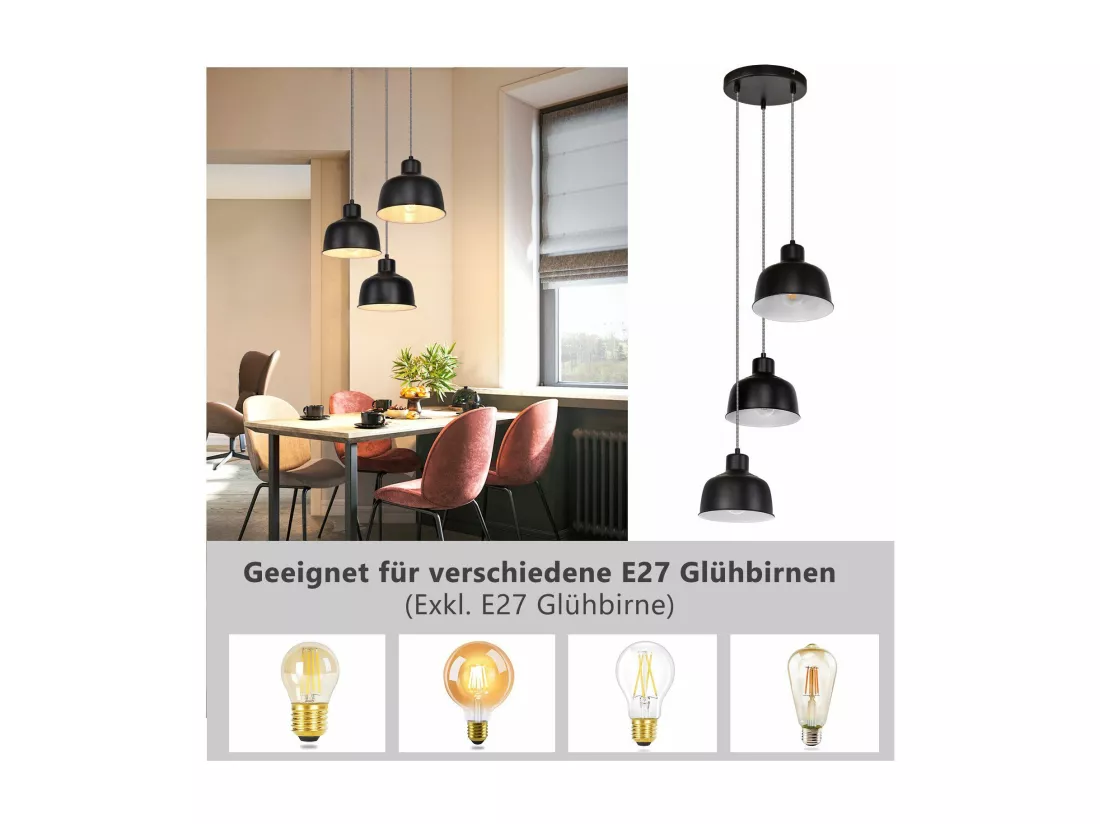 NETTLIFE Suspension Métal Diam.17,8 cm E27 Noir Vintage Industriel Rétro Cuisine Lampe 3 Ampoules pour Salle à Manger Chambre Salon Cuisine Hôtel