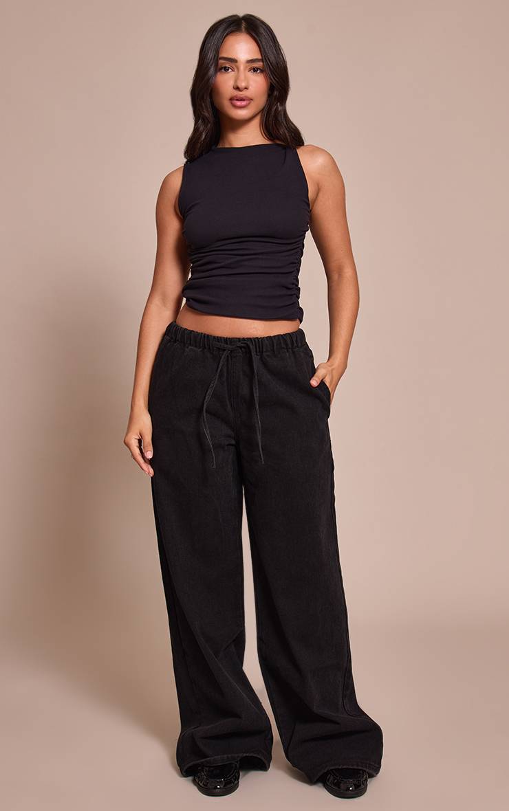 Noir Jean Large Taille Haute Élastiquée Avec Lien En Denim Petite