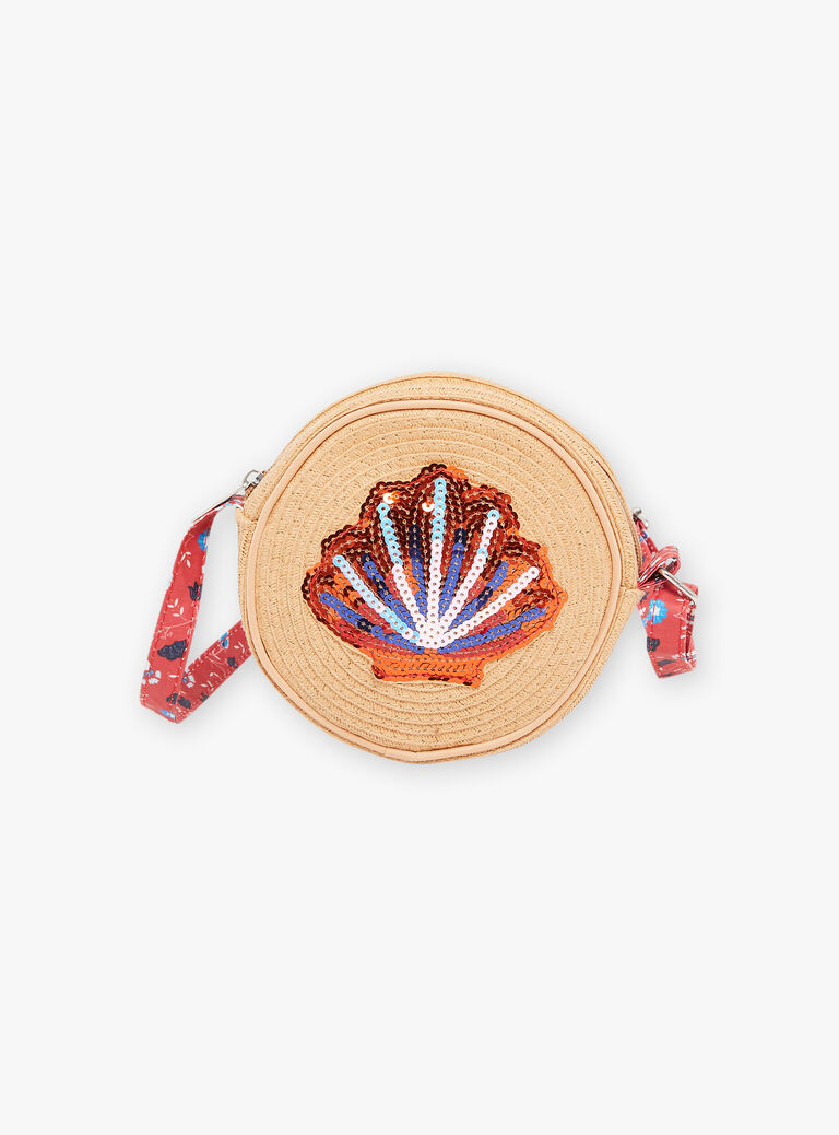 Sac rond en paille beige avec coquillage en sequin rouge
