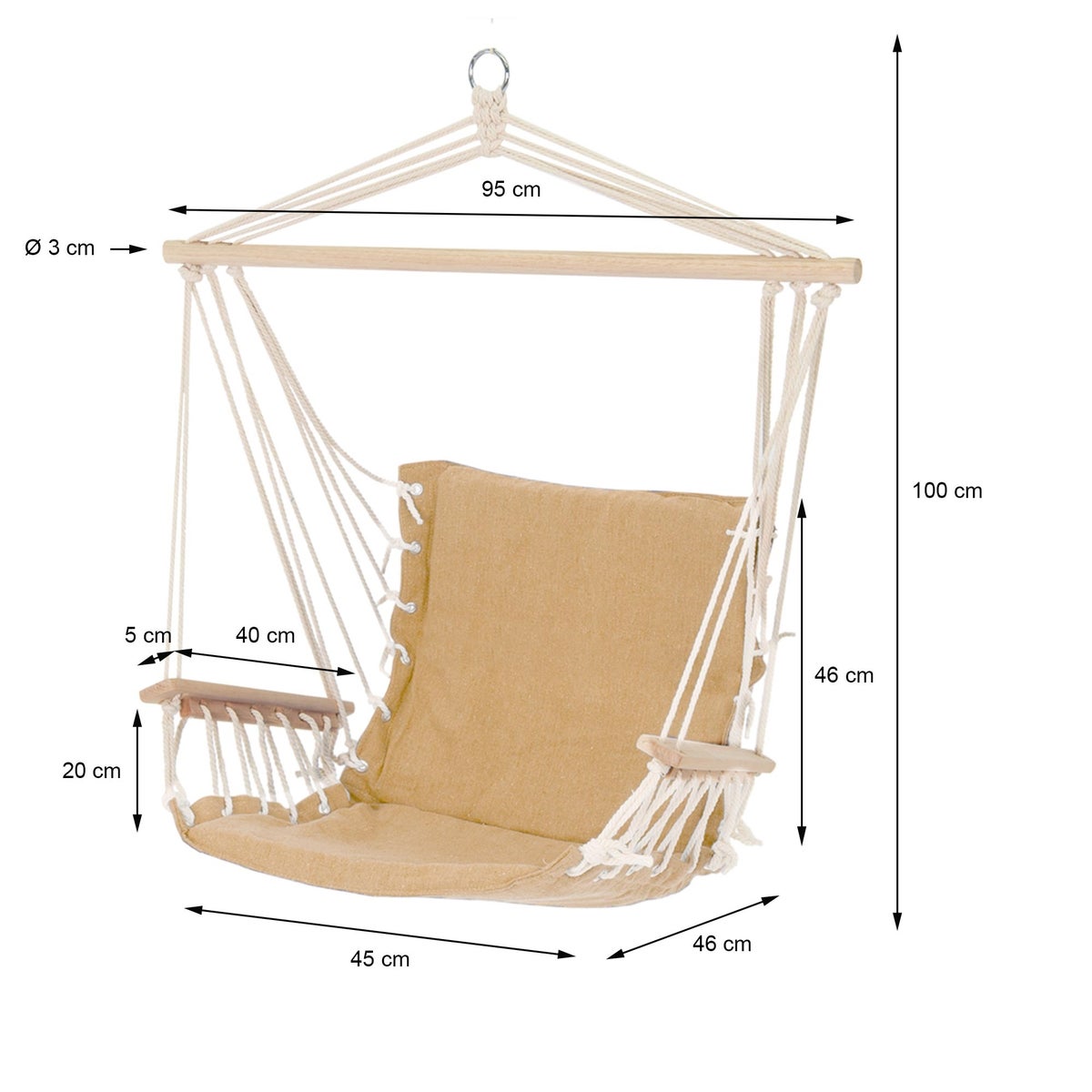 ECD Germany hangstoel met uiterst comfortabel 6 cm dik katoenen zitkussen en houten armleuningen/dwarsbalk, belastbaar tot 120 kg, Terra Cotta, gestoffeerde hangstoel hangmat hangzitting