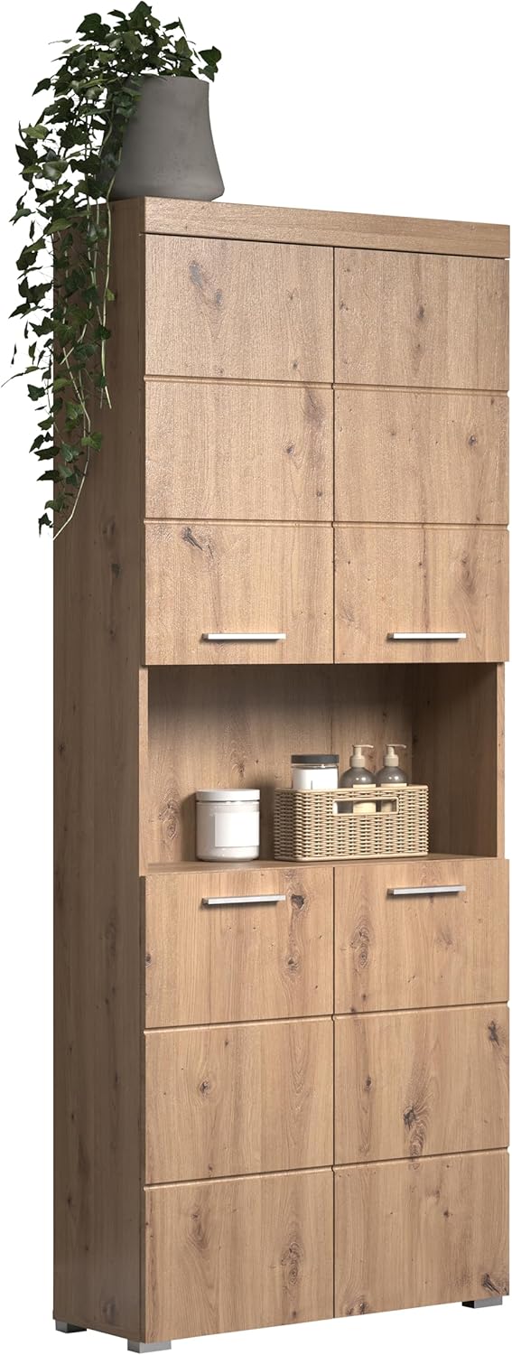 trendteam smart living - Amanda - Hochschrank - Eiche - Badezimmerschrank breit mit 4 höhenverstellbaren Einlegeböden - (BxHxT) 73 x 190 x 31 cm - 8 Fächer und eine große Ablage - Kratzfest
