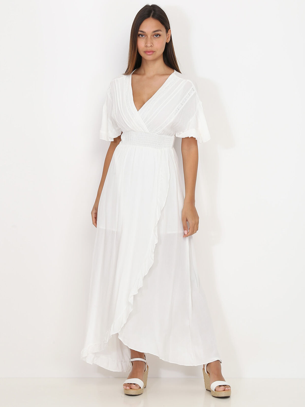 Robe longue portefeuille à volants- Blanc