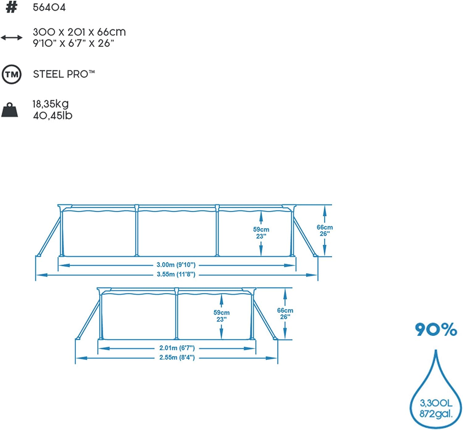 Bestway Steel Pro Framepool ohne Pumpe, eckig, 300 x 201 x 66 cm, 56404-19, Blau