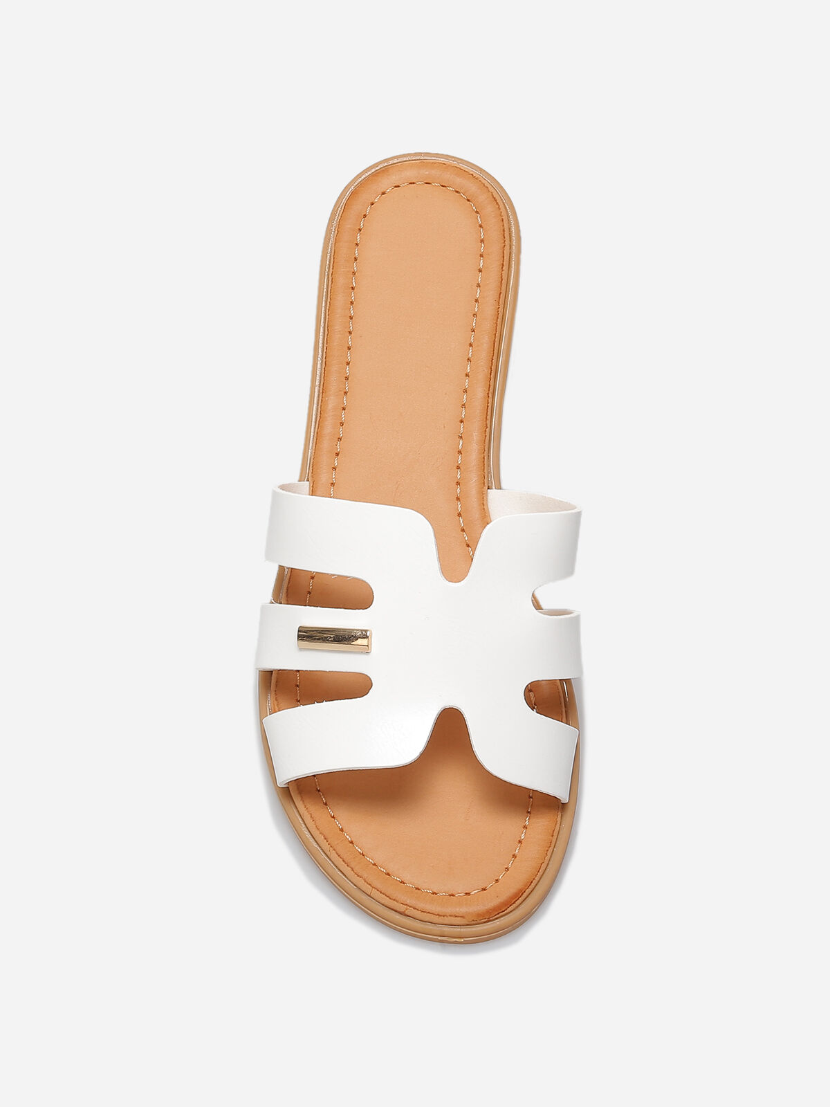 Mules plates en simili à détail métallique- Blanc