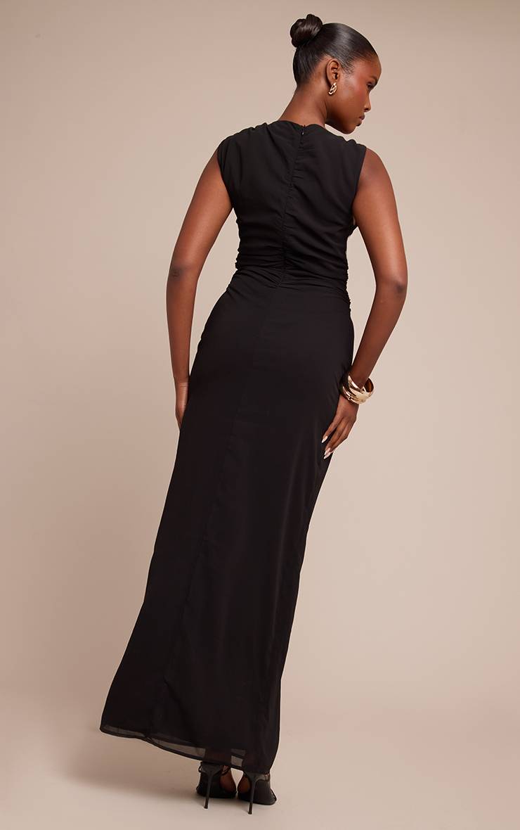 Noir Robe Longue En Mousseline Froncée