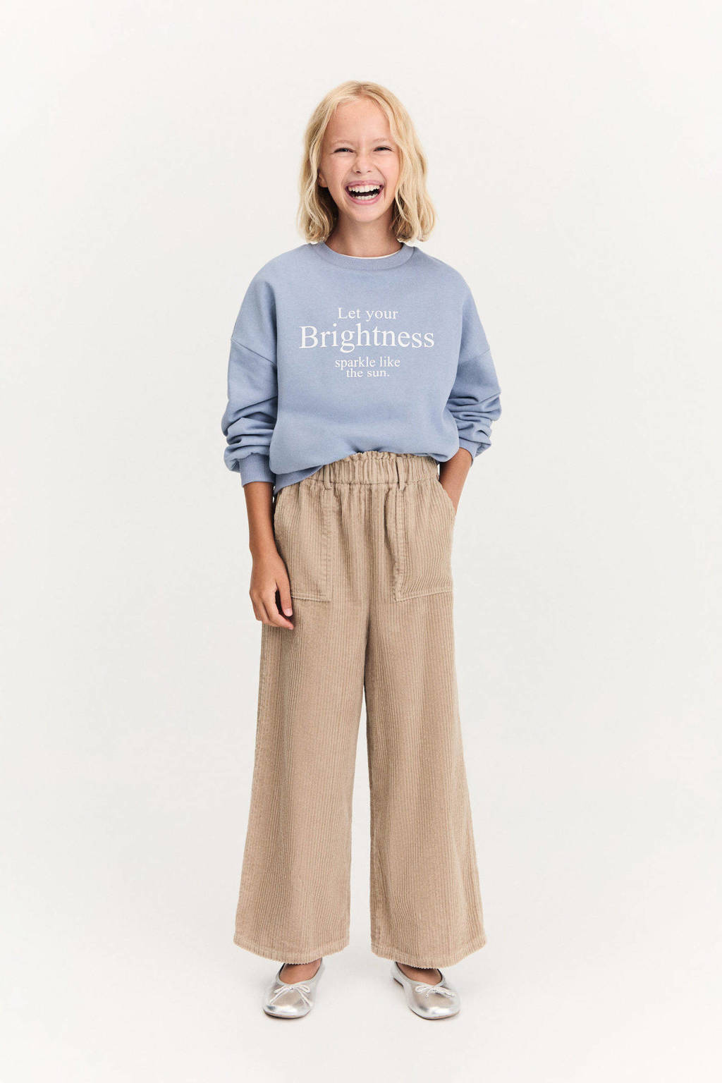 Mango Kids corduroy wide leg broek lichtbruin