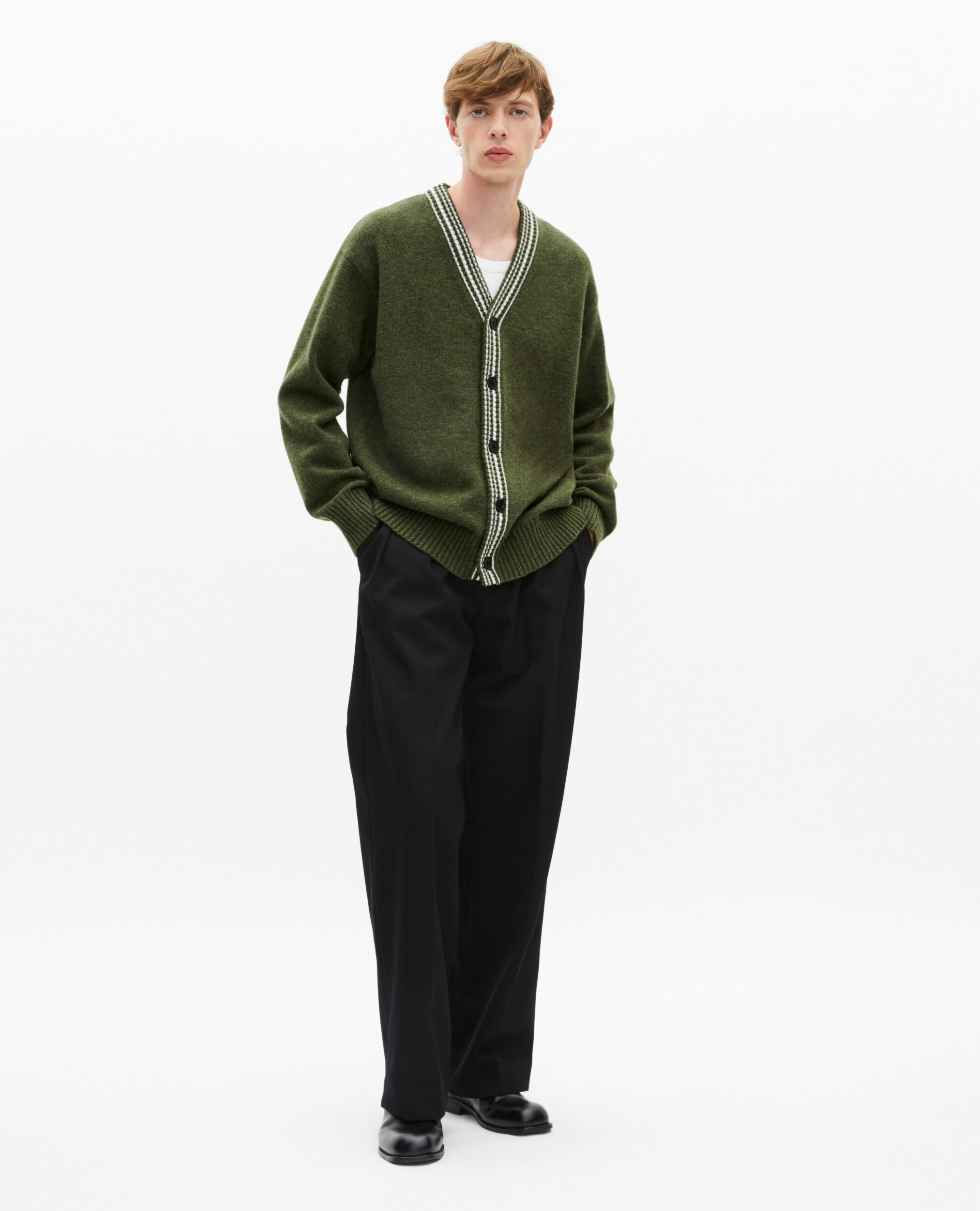 Cardigan en laine à rayures contrastées kaki