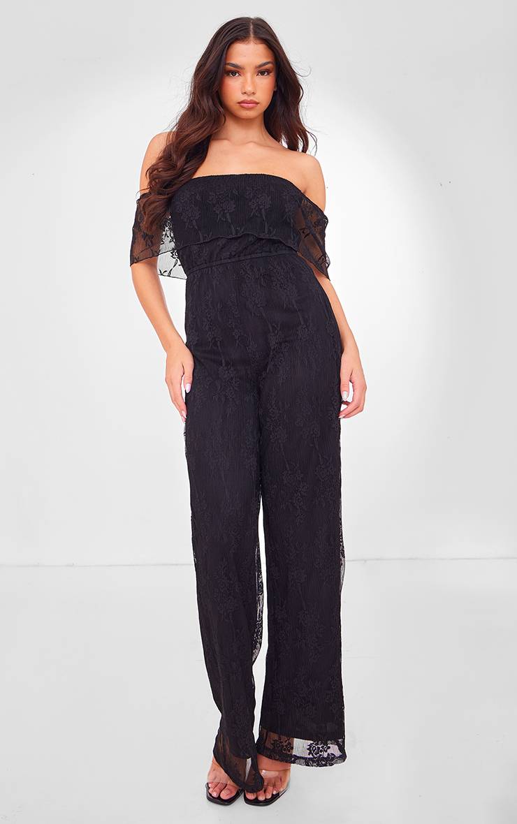 Noir Combinaison-pantalon Bardot En Dentelle Florale Scintillante