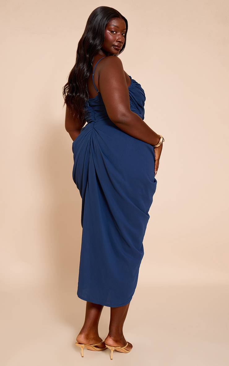 Bleu Marine Robe Midi Drapée Froncée En Mousseline Bleu Clair Grande Taille