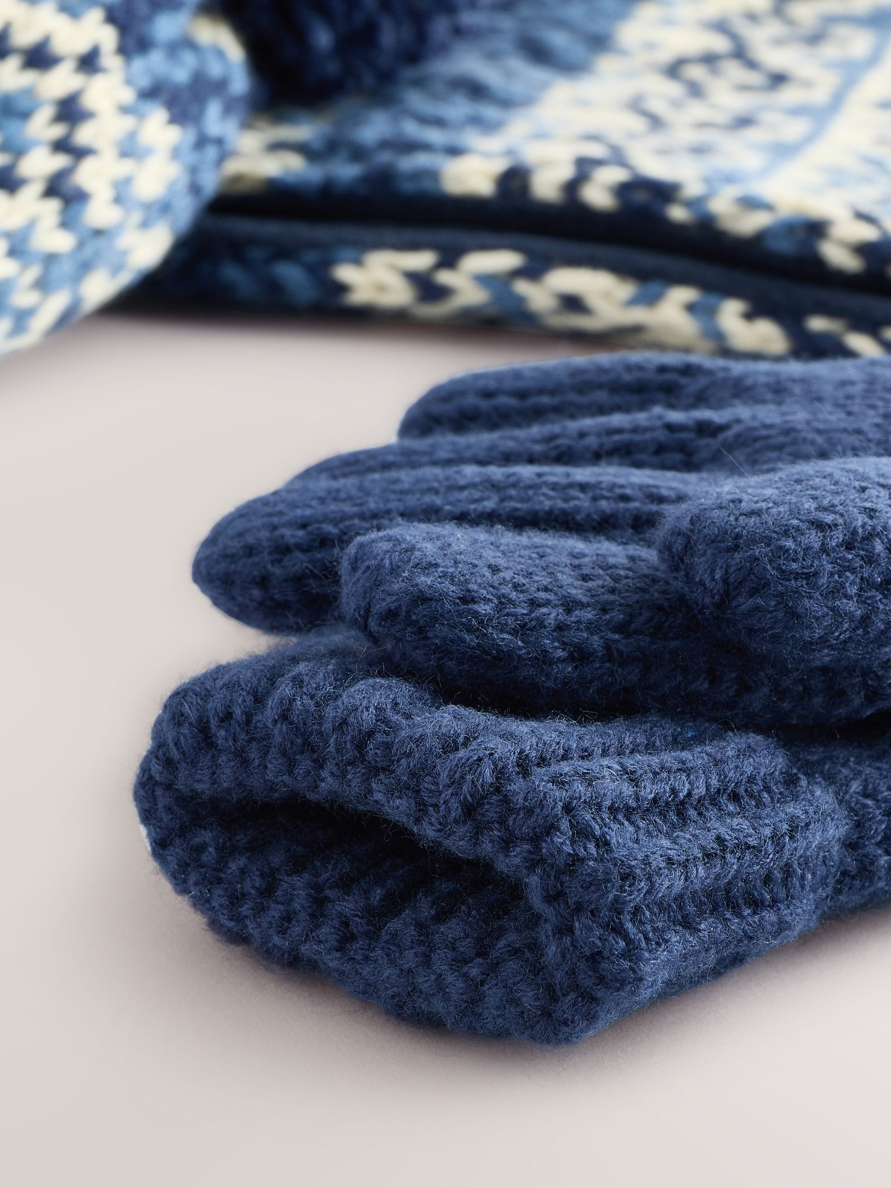 Blauw/wit fairisle - Set van 3 -delige muts, sjaal en handschoenen (3-16jr)