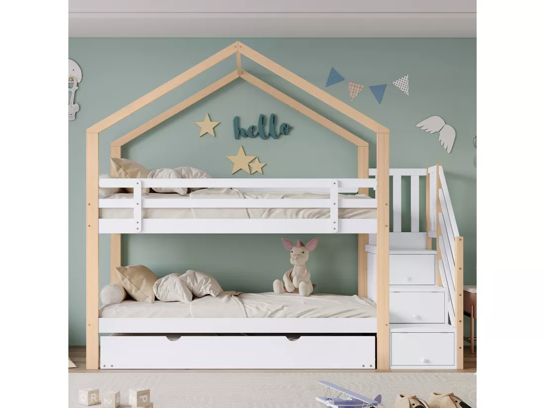Lits Superposés Cabane - 90 X 200 cm/90 X 190 cm - Avec Escalier À Tiroirs Et Protection Antichute - Naturel + Blanc