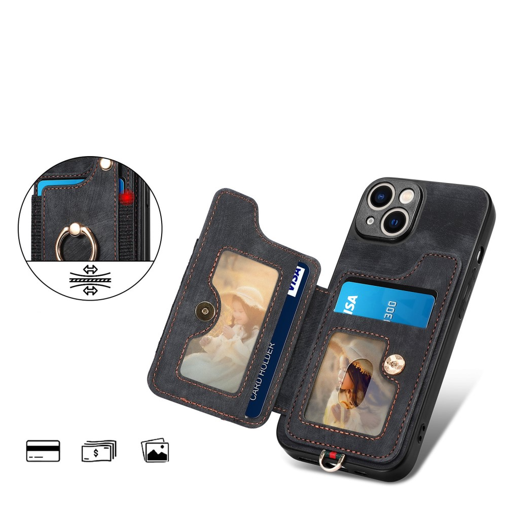 iPhone 14 Necklace Leder Hülle mit Kartenfächer   Finger Griff Halterung   Handykette (RFID Schutz) - Schwarz