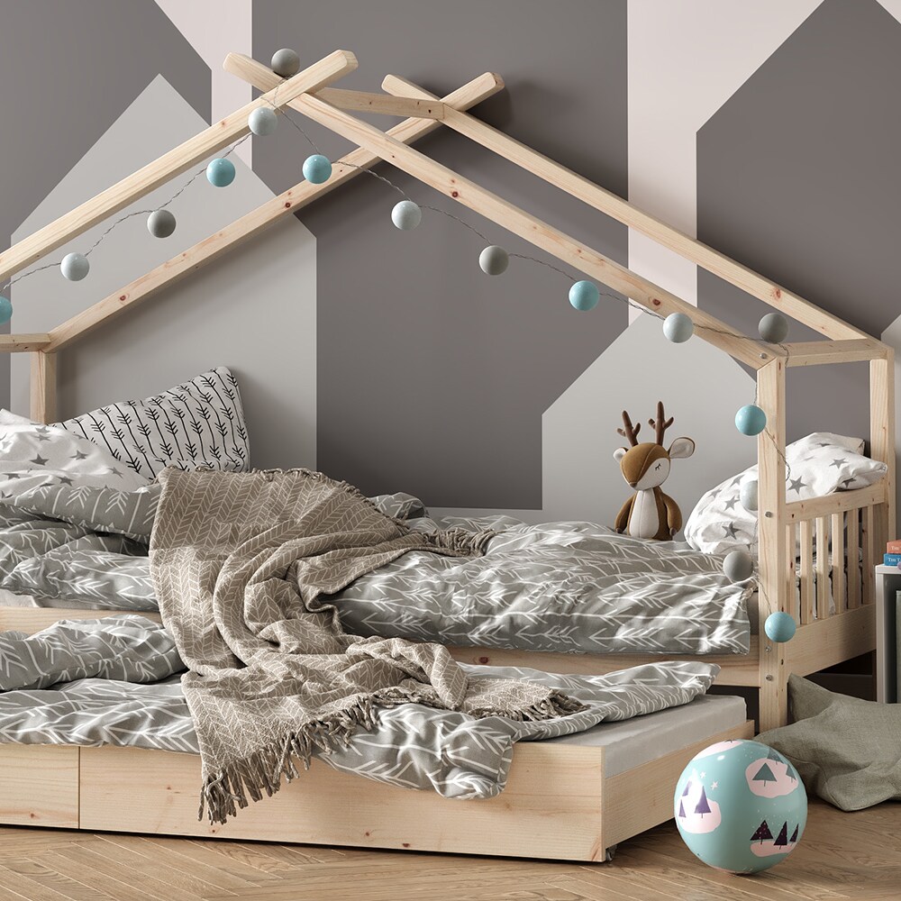 VitaliSpa Kinderbett Hausbett Gästebett Design Lattenrost 90x200 Matratze Natur