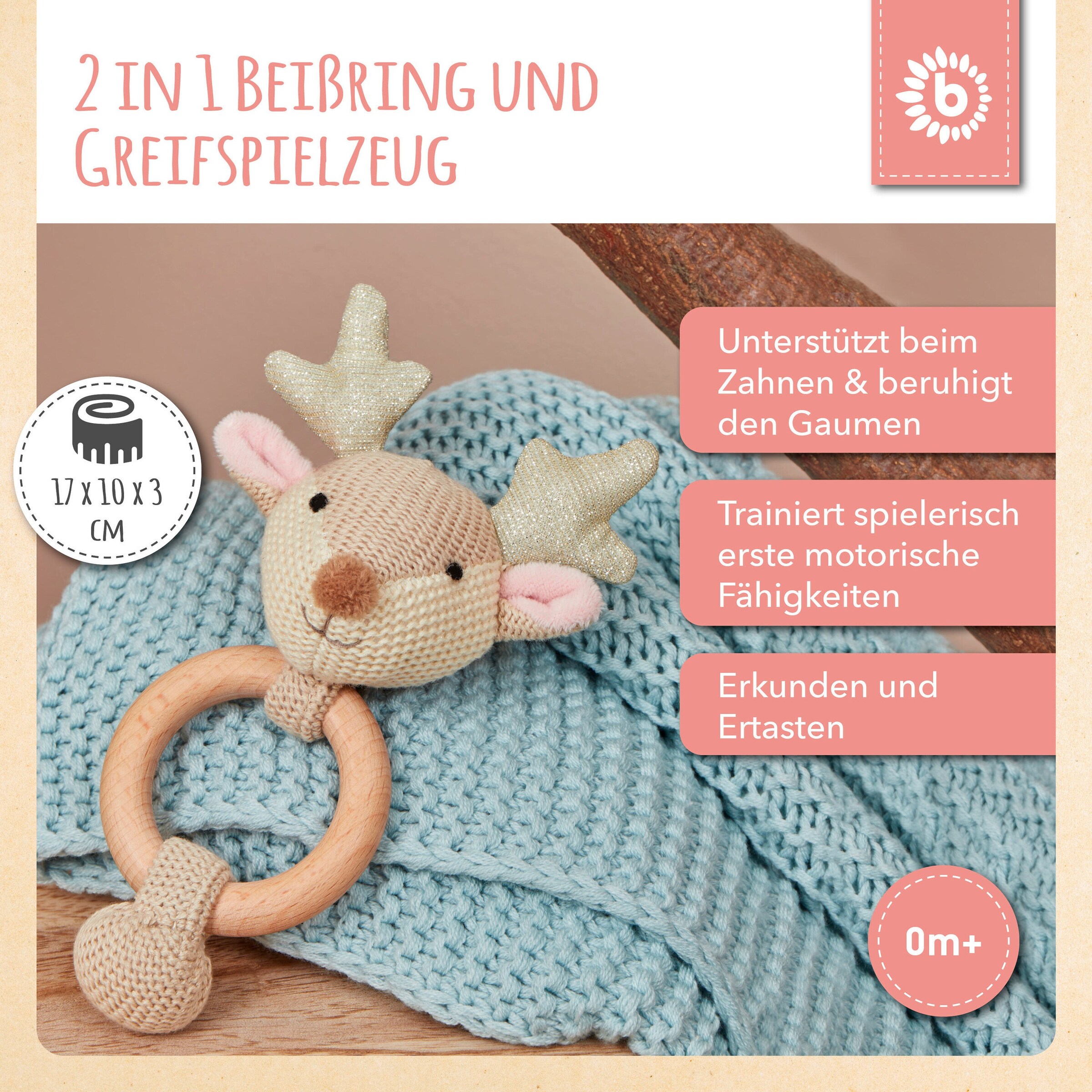 Bieco Greifling Rassel Holz Natur und Baumwolle Reh - ab Geburt Beige