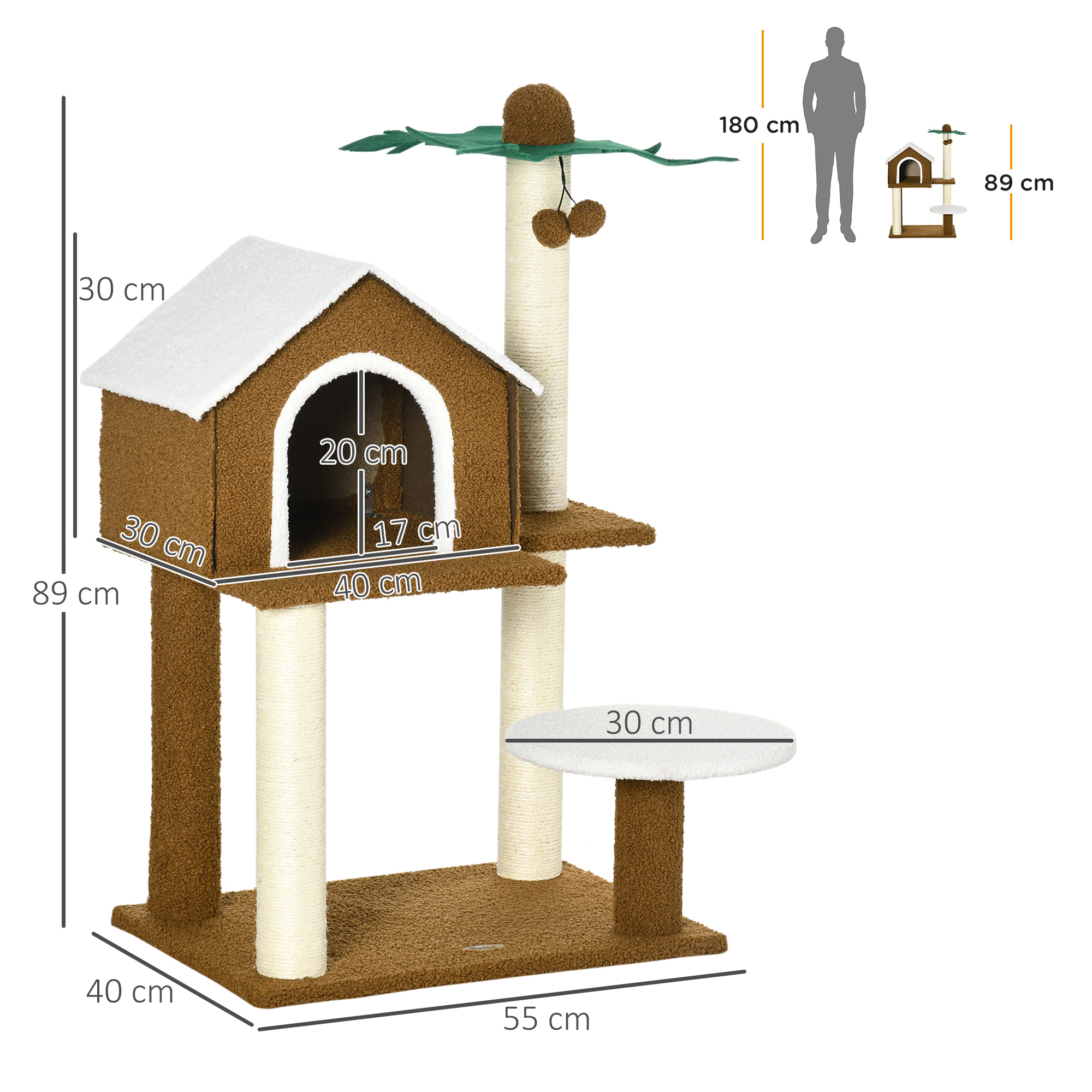 Arranhador para Gatos PawHut, 89 cm de altura, Torre para Gatos com Casinha de Pelúcia, Plataforma, Poste em Sisal em Formato de Coco e Bolas Penduradas, 55x40x89 cm, Marrom