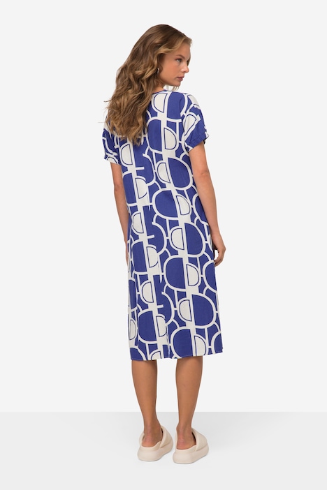 Leinenmix-Kleid, Wide Fit, elastischer Halbarm-Abschluss, Rundhals