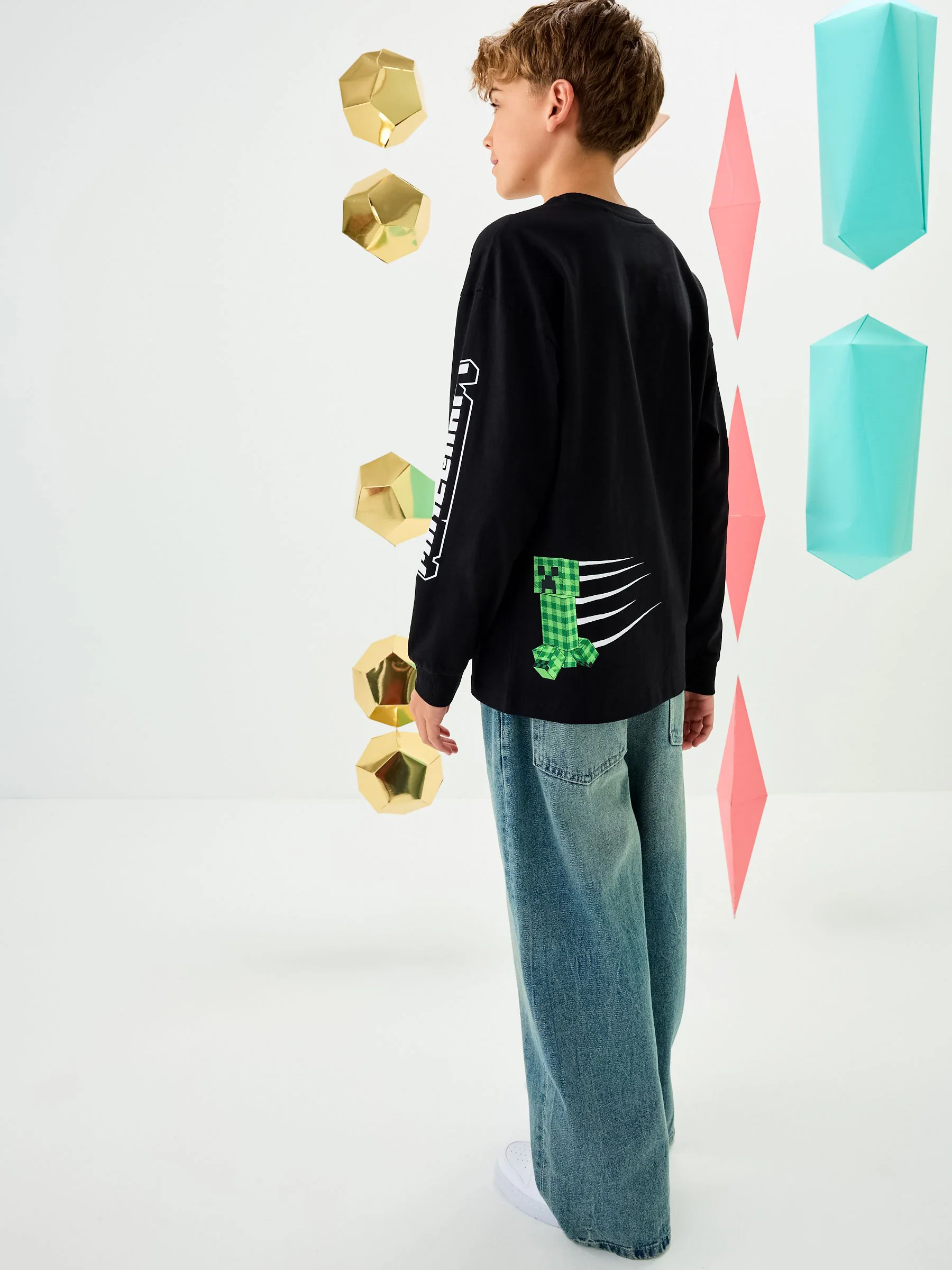 Zwart Minecraft - Kerst-T-shirt met lange mouwen (3-16jr)