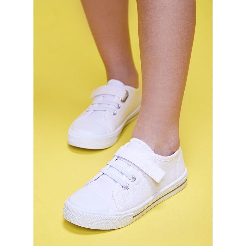 Baskets basses en toile avec lacets élastiques et velcro pour garçon - Blanc