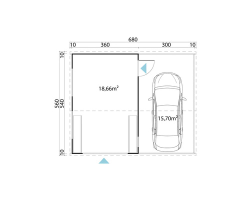 Enkele garage Outdoor Life Bahamas met draaideur inclusief dakopbouw 660 x 540 cm naturel
