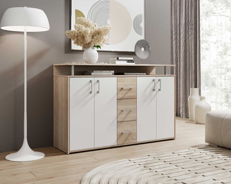 Emob - Dressoir - Wit - Spaanplaat - Flotar met 4 Deuren en 3 Lades