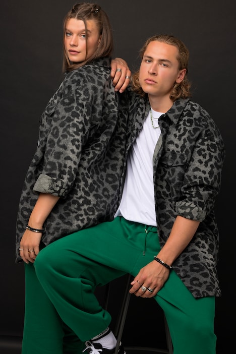 Hemdjacke, oversized, Leo-Plüsch, Hemdkragen, Langarm, Unisex