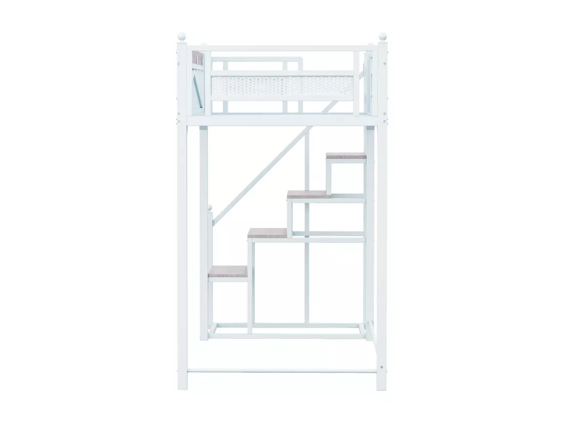 Lit mezzanine en métal 90x200cm - avec échelle modulable - Blanc (matelas non inclus)