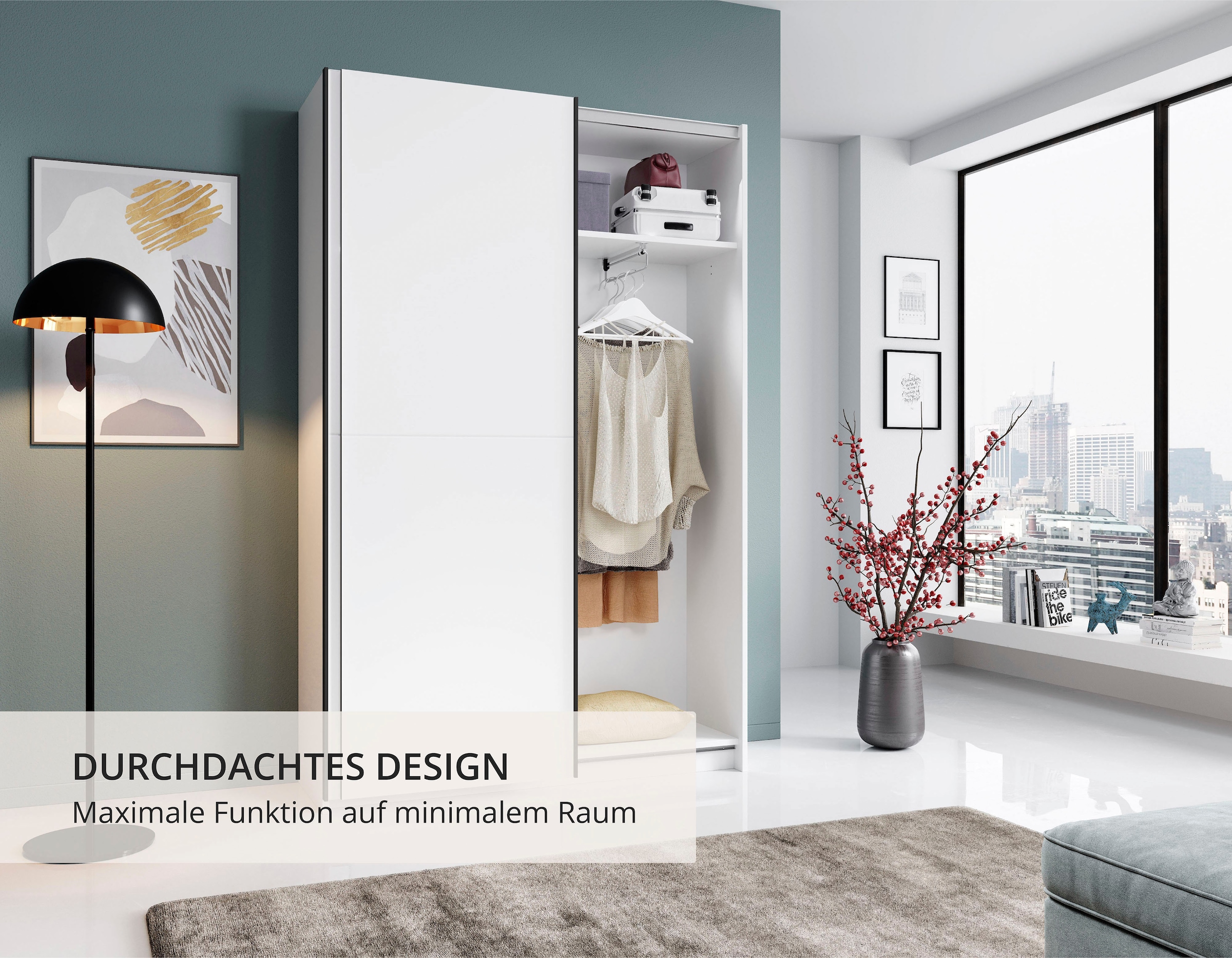 Schlafkontor Schwebetürenschrank »Heimo/Fast Schrank Kleiderschrank Garderobe« geringe Tiefe, ausziehbarer Kleiderstange, Garderobenschrank, 6 Böden