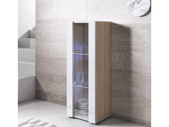 Vitrine pour Salon Salle à manger en Sonoma et Blanc avec LED 40x29x128cm Luke V2
