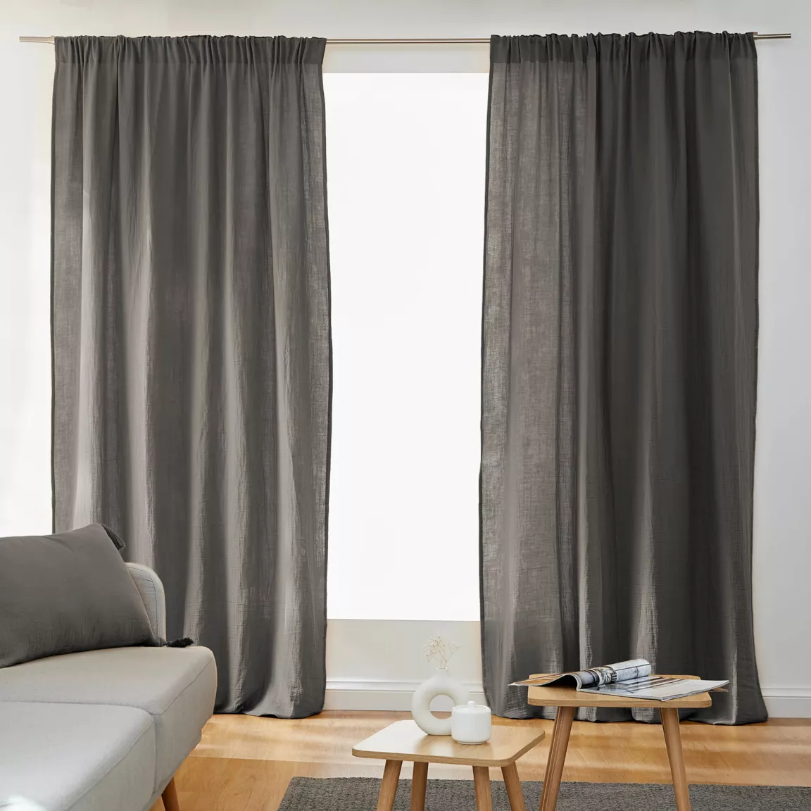 Rideau gaze de coton galon fronceur (140 x 240 cm) Gaïa Gris granit
