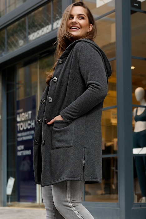 Long-Strickfleecejacke, Straight Fit, Kapuze, Druckknöpfe, Langarm
