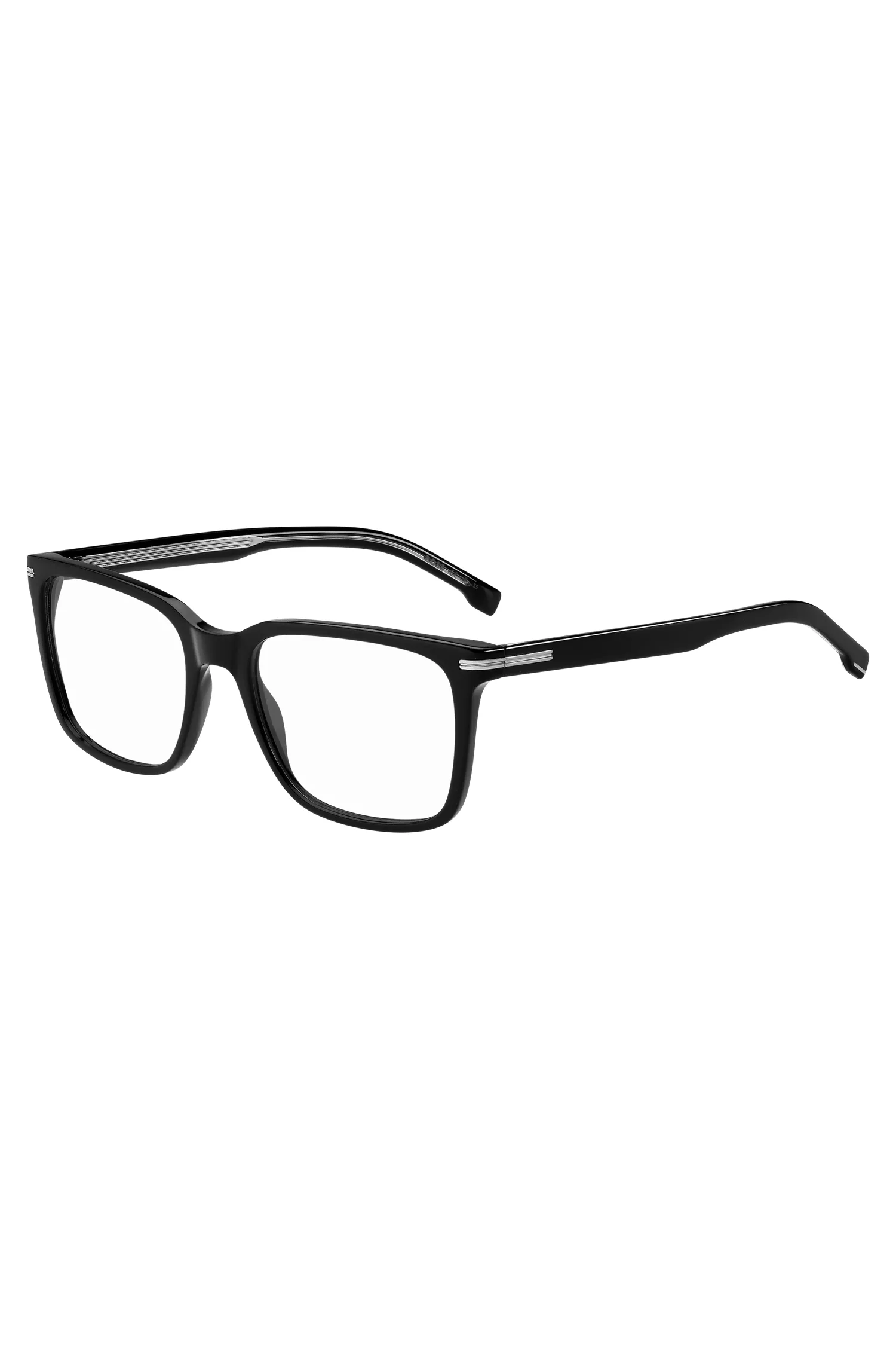 Armação de óculos BOSS em acetato preto com detalhes prateados exclusivos.
