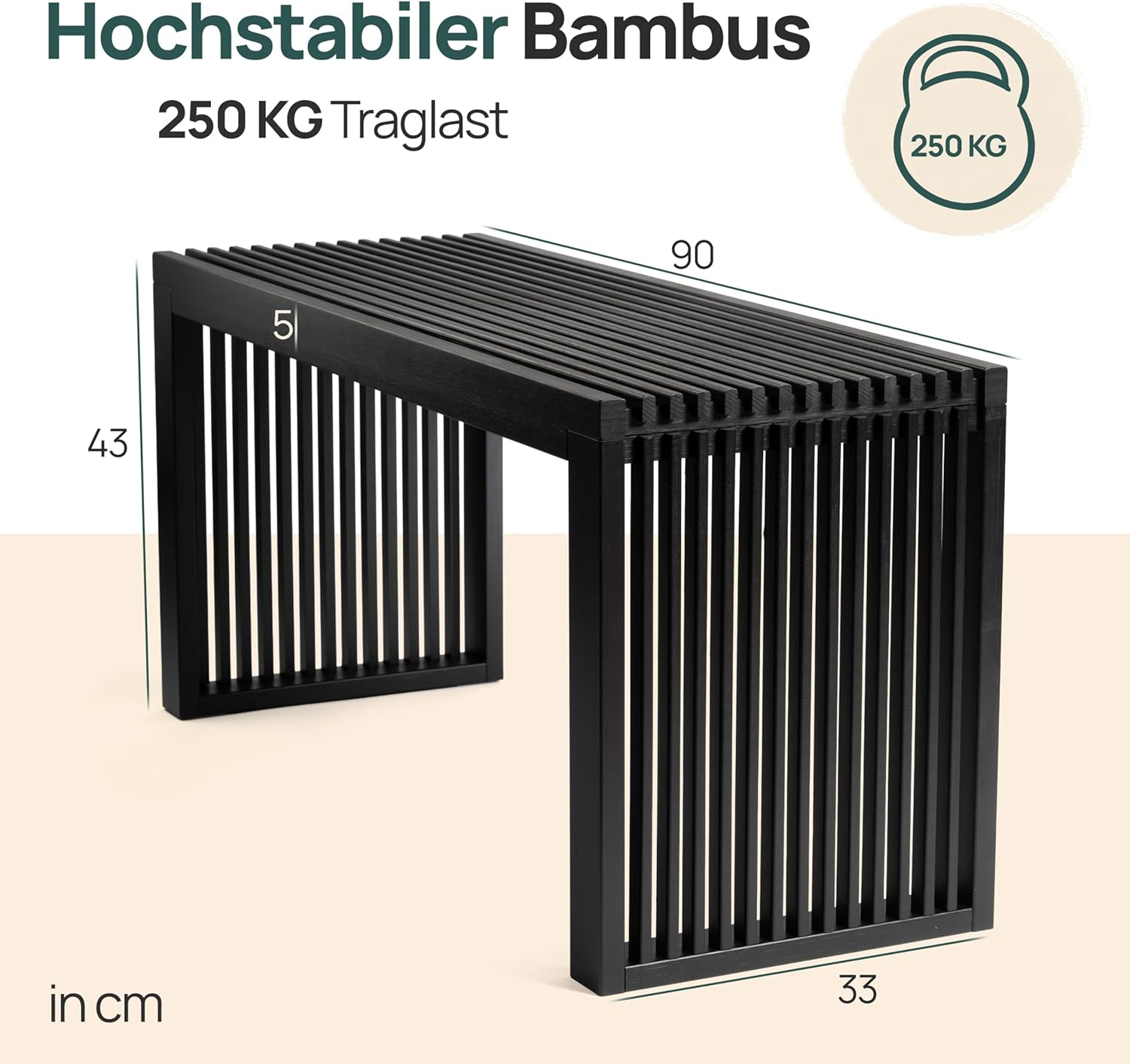 Sitzbank aus Bambus Schwarz – stabile Holzbank ohne Lehne für Flur, Bad, Küche, Esszimmer oder Schlafzimmer – kleine Sitzbank Holz 90x33x43 cm – bis 250kg belastbar