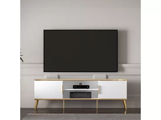 Meuble TV 2 portes 160 cm Zora Blanc et Doré